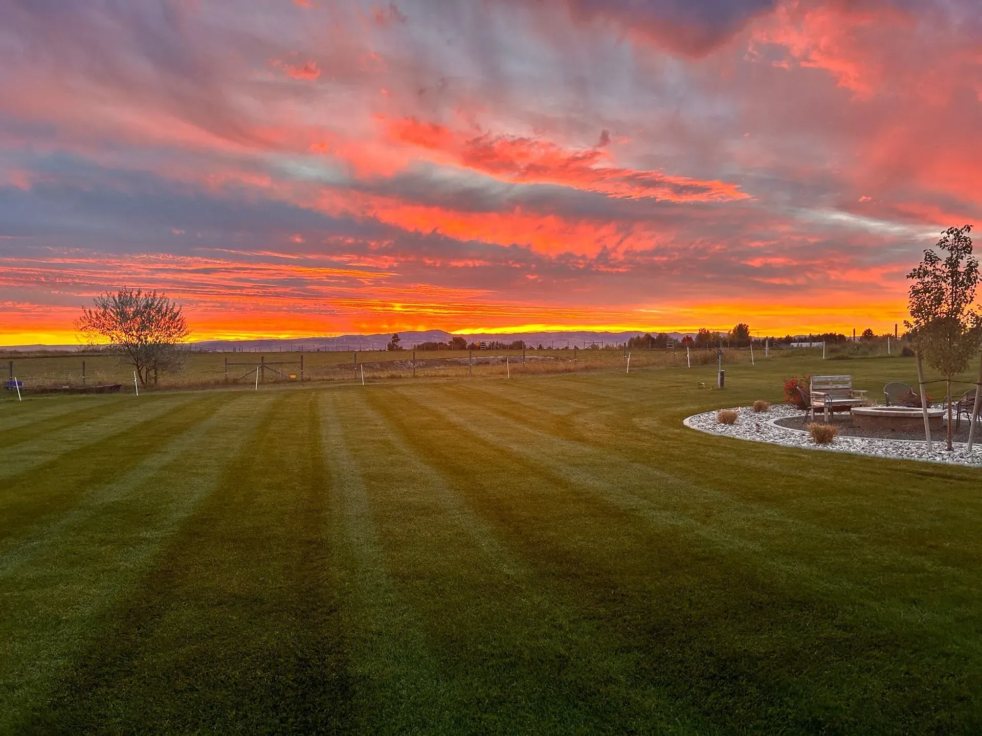 A sunset over a lush green field with a fence in the background.