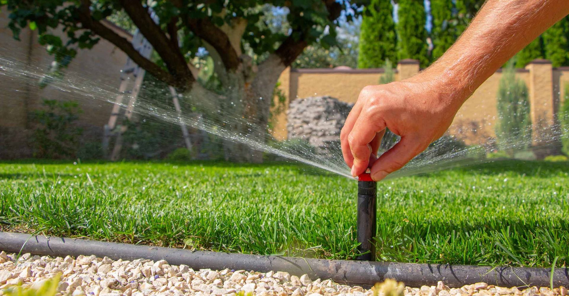 Hand adjusting a lawn sprinkler head in a green grass yard, spraying water.
