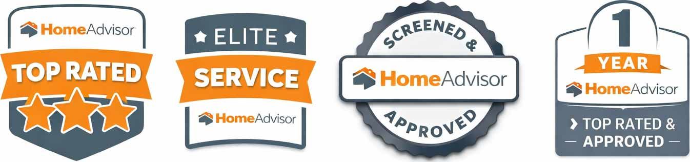 HomeAdvisor badges: Top Rated, Elite Service, Screened & Approved, and 1 Year Top Rated & Approved.