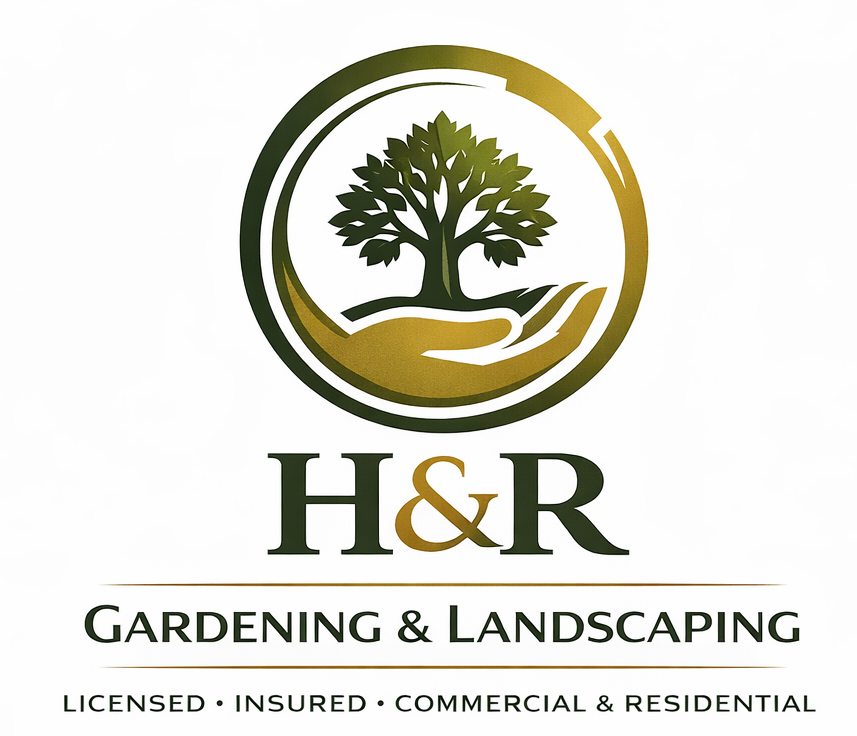 Logo for H&R Gardening & Landscaping: Tree in hand within a circle. Green, gold, and white. Company name below.