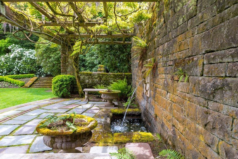 Stone wall with water feature in garden, vines on overhead trellis.