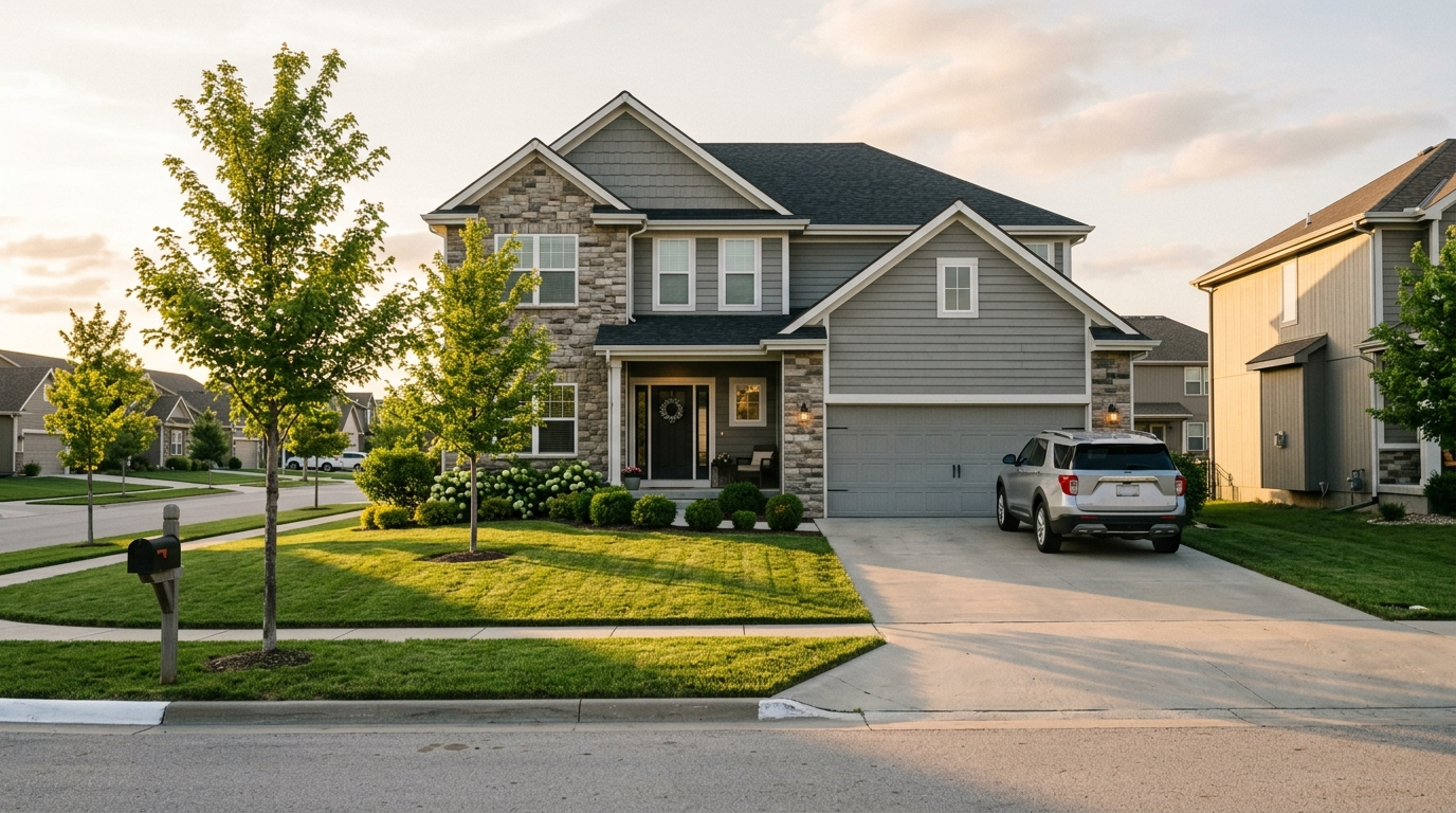 Two-story suburban home with parked SUV in driveway at golden hour