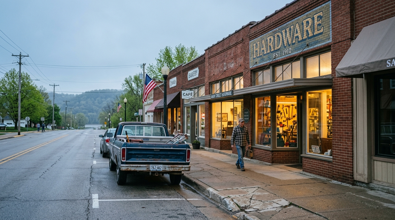 Small-town Midwest main street with brick storefronts and a pickup truck under soft overcast light