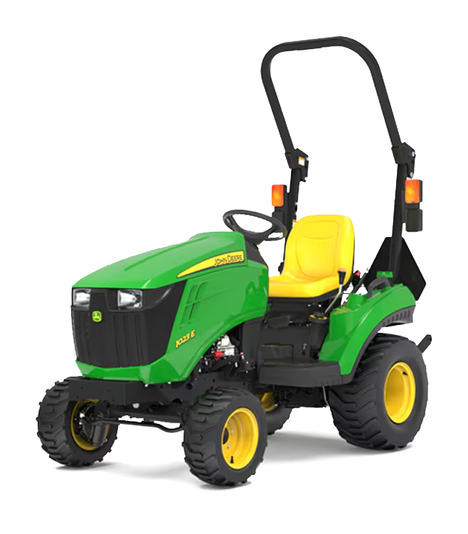 A green and yellow John Deere compact tractor on a white background