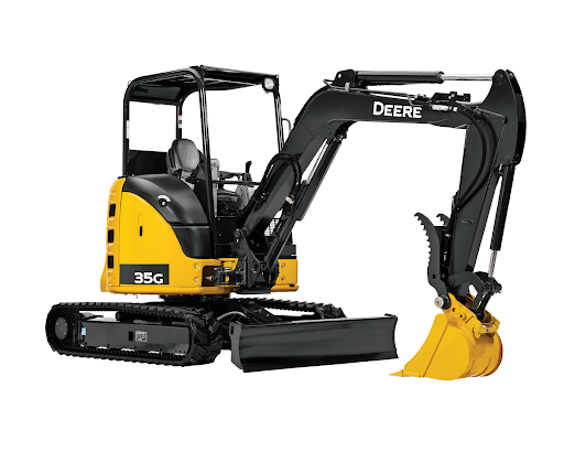 A small yellow and black excavator with a yellow bucket on a white background.