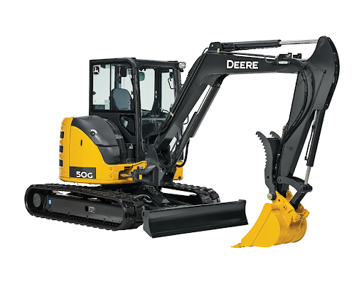 A yellow and black Deere excavator with a yellow bucket on a white background.
