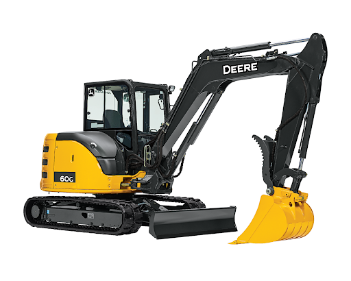 A yellow and black John Deere excavator with a yellow bucket on a white background.