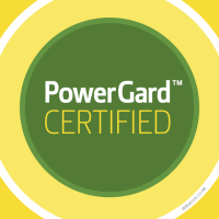 A green and yellow circle that says powergard certified