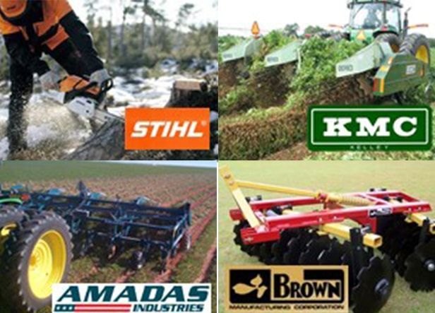 A collage of four pictures shows stihl kmc amadas and brown tractors