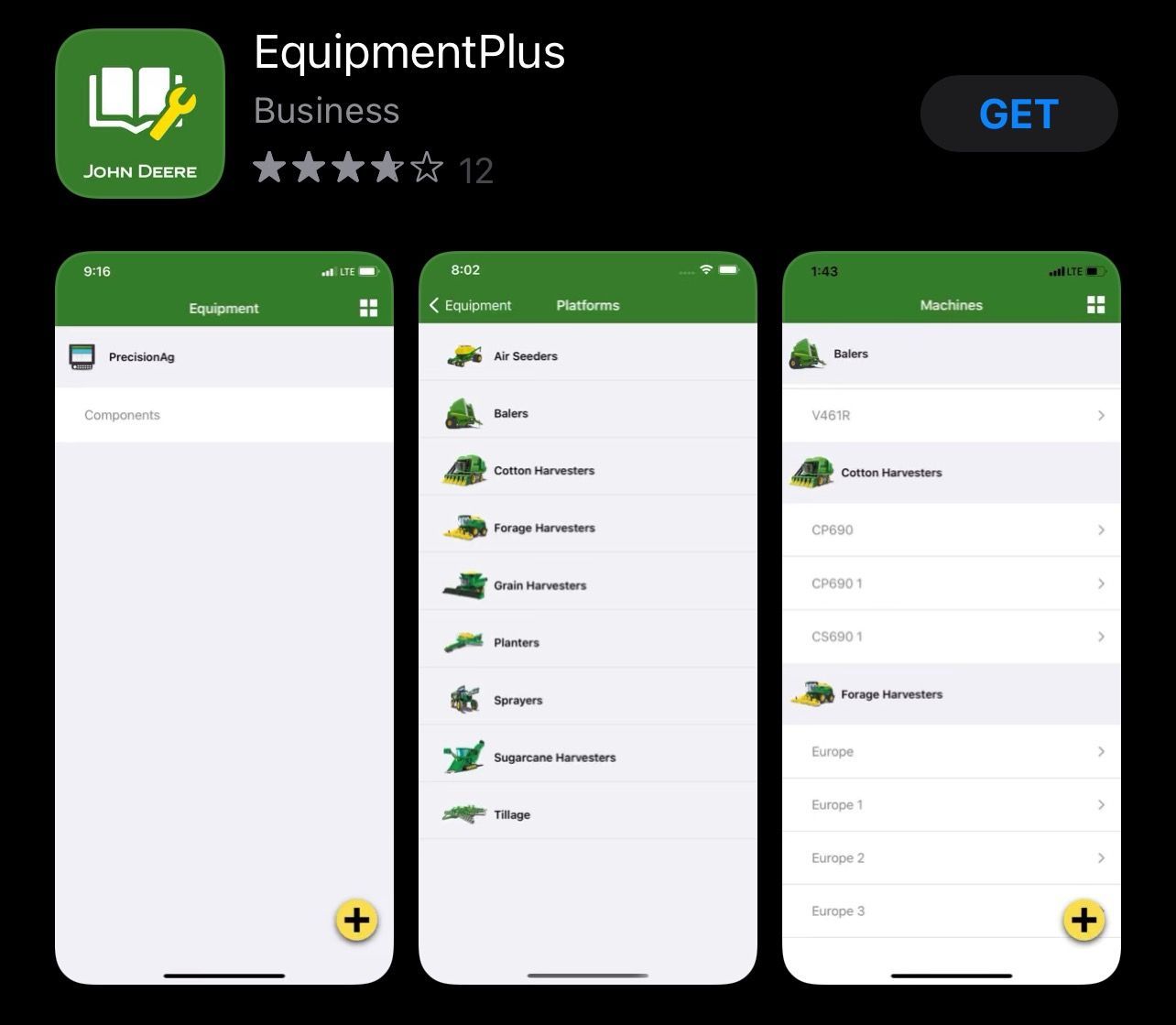 A screenshot of the equipment plus app on a phone.