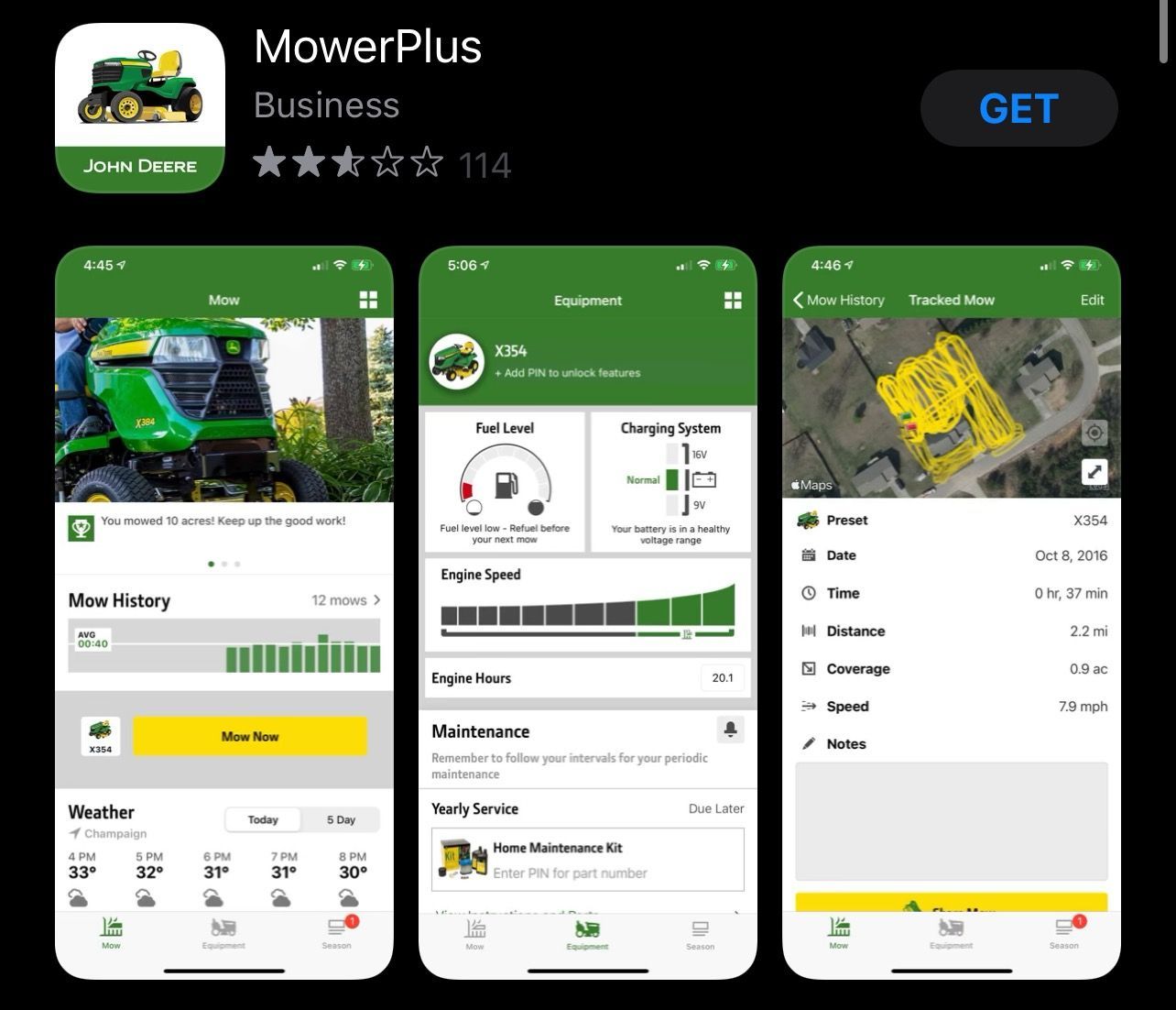 A screenshot of a mower plus business app on a phone.