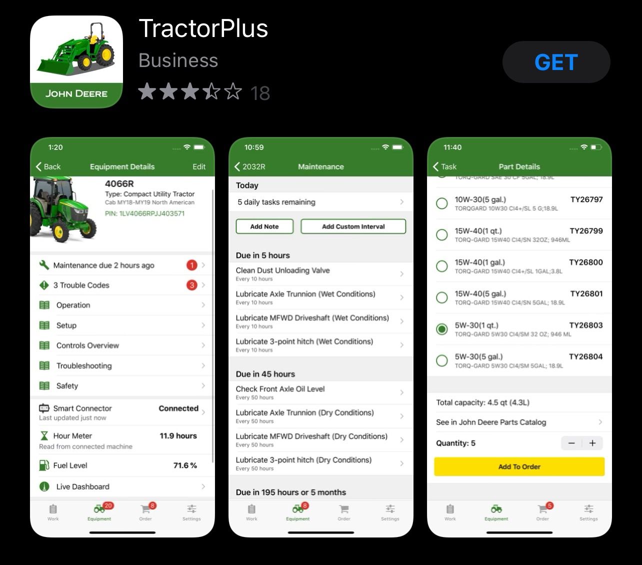 A screenshot of the tractor plus app on a cell phone.