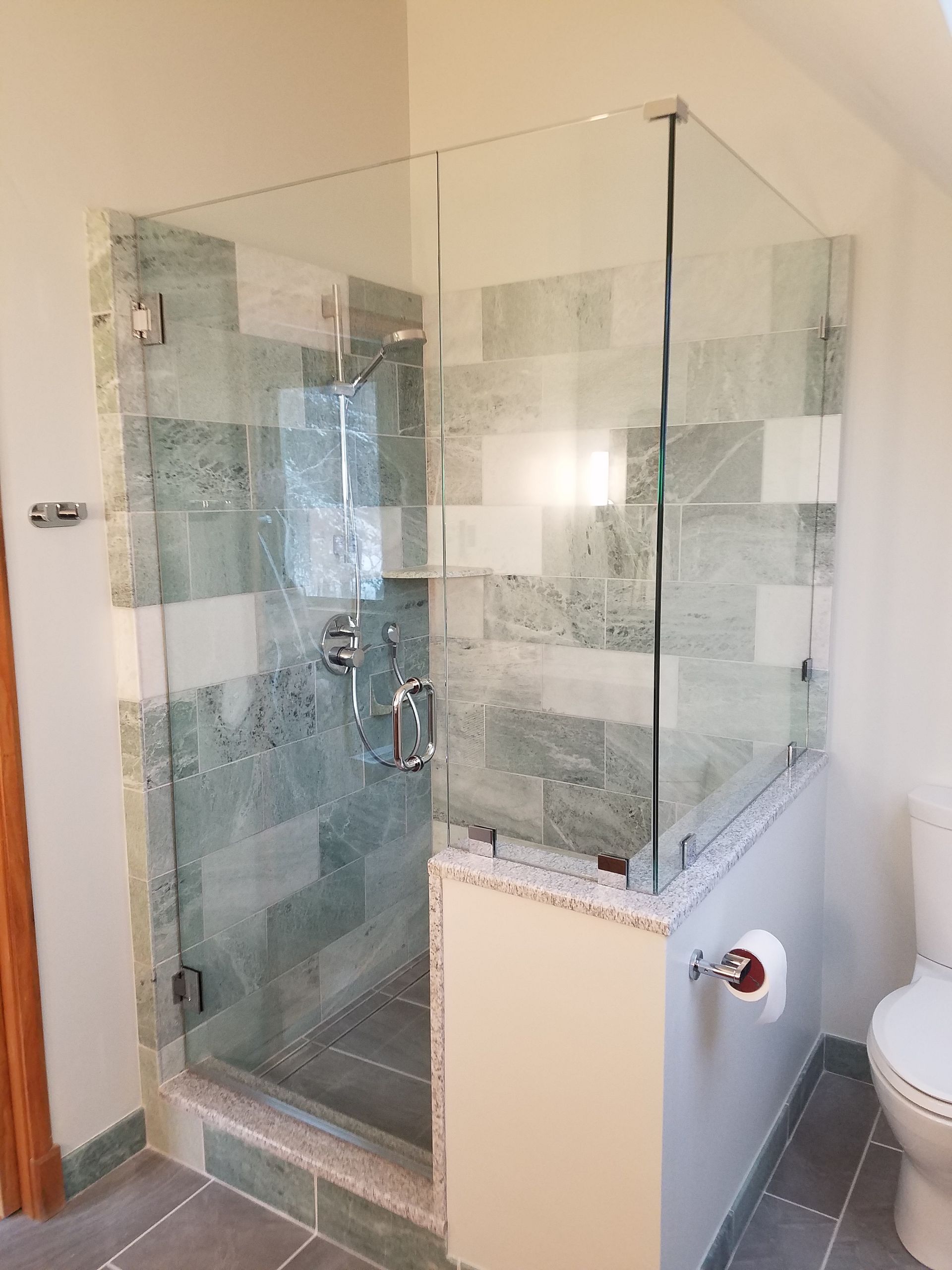 A bathroom with a walk in shower and a toilet.