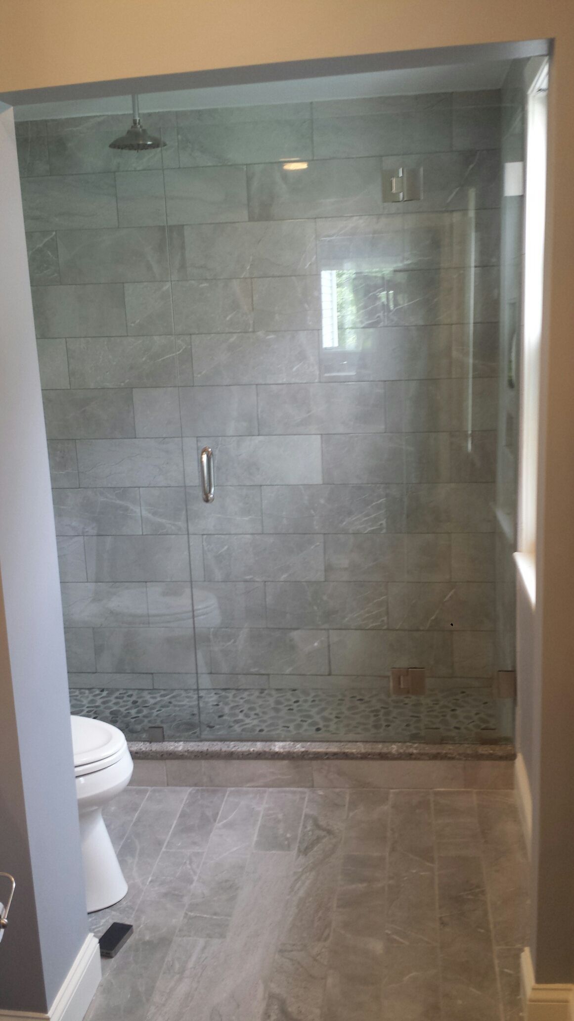 A bathroom with a walk in shower and a toilet.