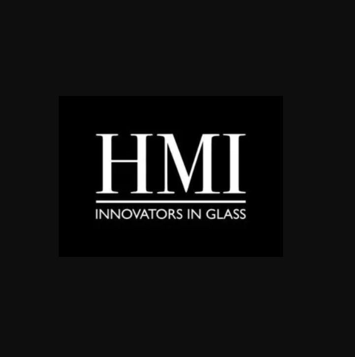 A black and white logo for hmi innovators in glass