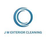 a logo for jm exterior cleaning with a blue circle in the middle .