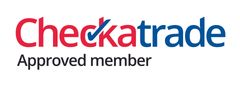 the checkatrade logo is red and blue and says checkatrade approved member .