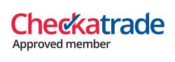 the checkatrade logo is red and blue and says checkatrade approved member .