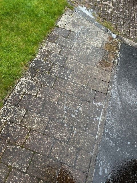 A brick walkway is being cleaned with a pressure washer.