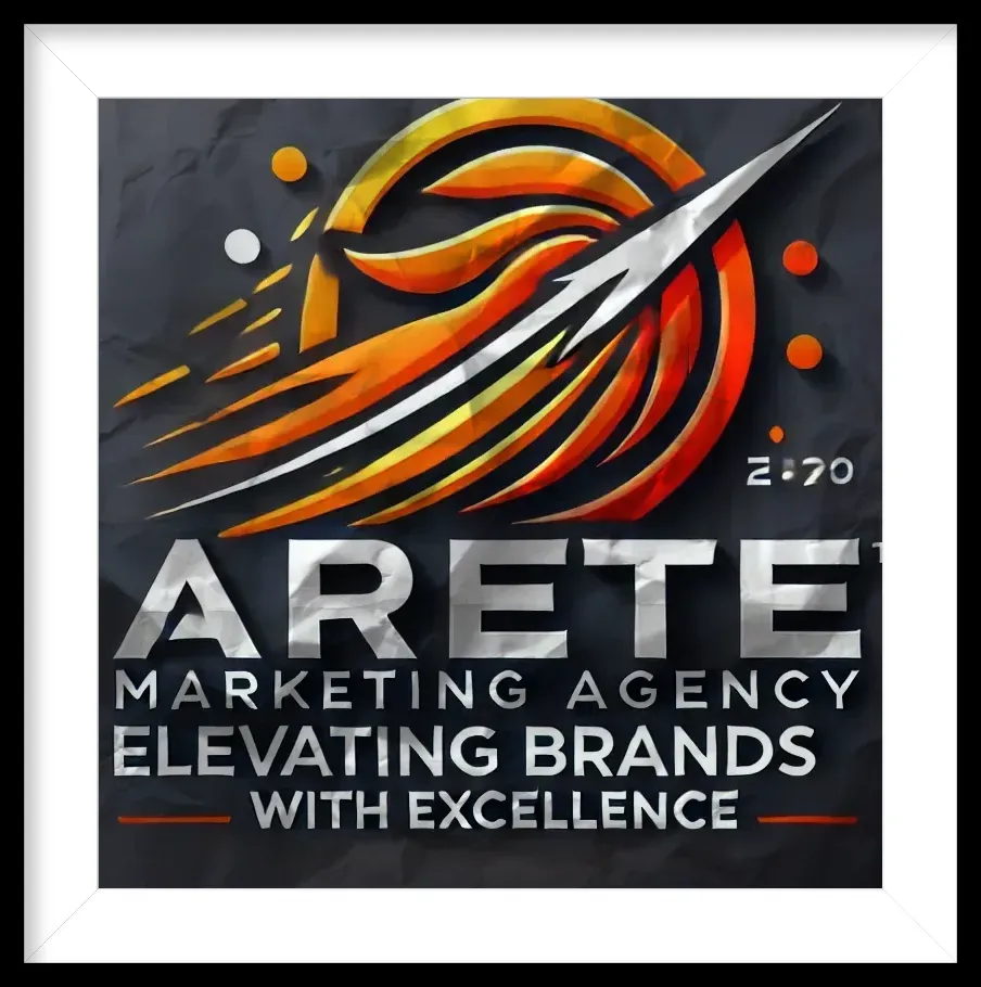 Logo for Arete Marketing Agency: Orange and silver graphic of a rocket soaring across a circle with the company name and tagline.