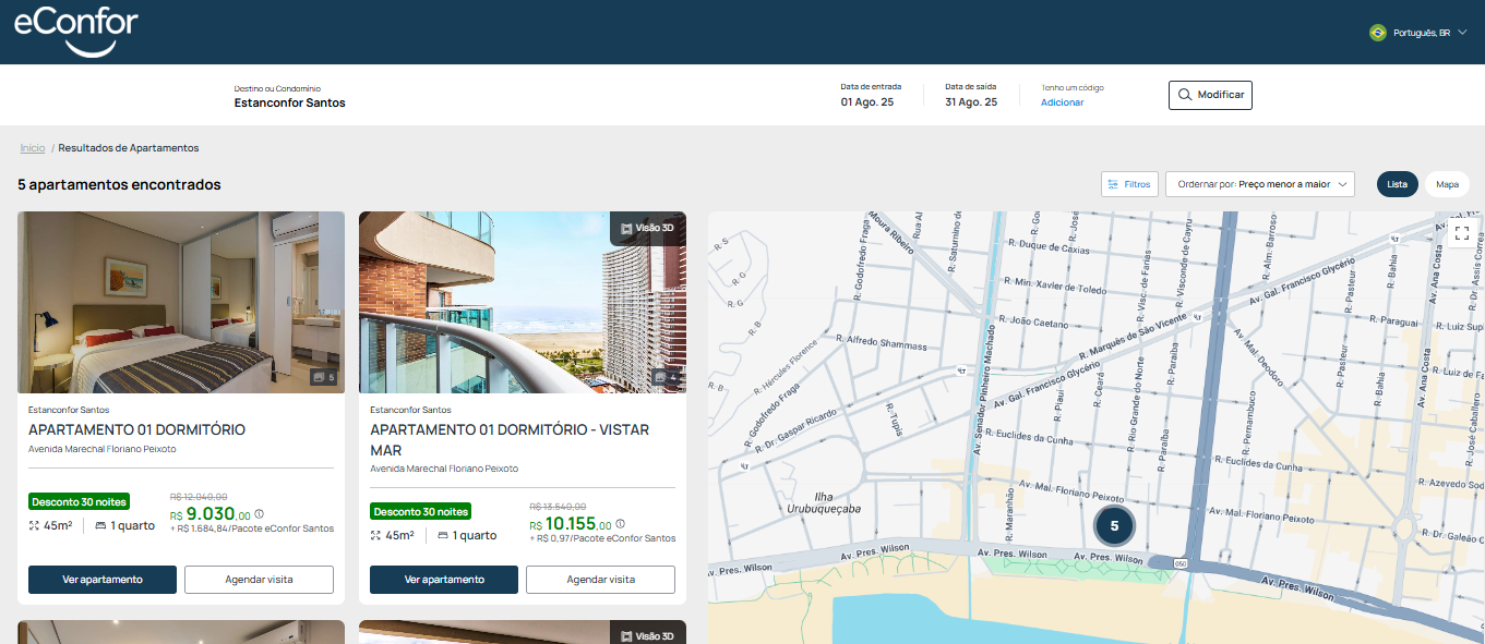 Uma captura de tela de um site de hotel com um mapa ao fundo.