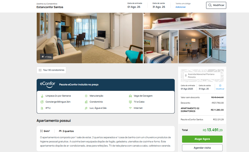 Uma captura de tela de um site mostrando uma sala de estar, quarto e cozinha.