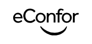 Um logotipo preto e branco para a econfor com um rosto sorridente.