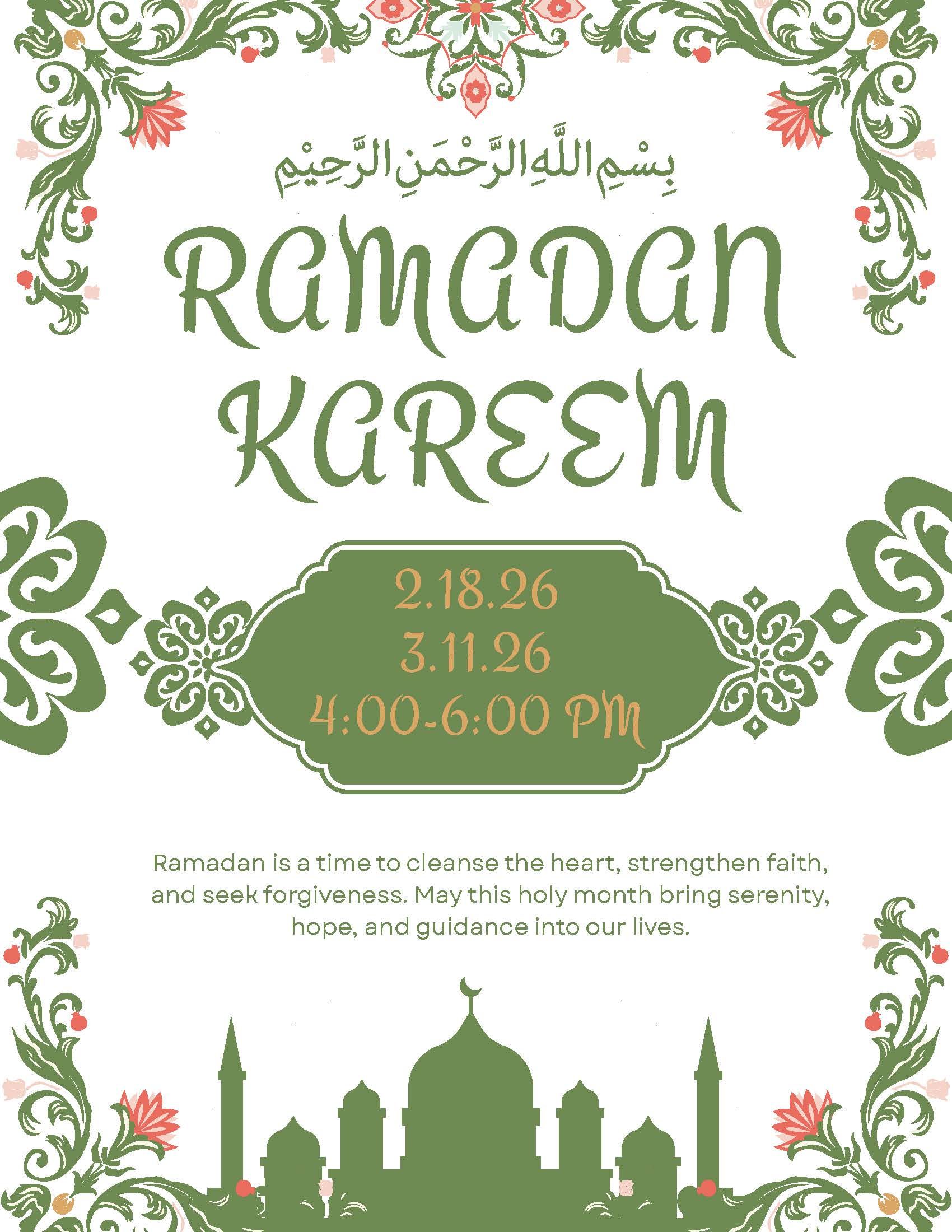 Ramadan Kareem poster with floral accents, dates, times, and a mosque silhouette.