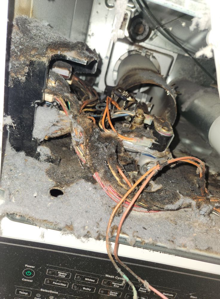 Burnt, charred interior of a white appliance, likely a dryer, with exposed wires and lint accumulation.
