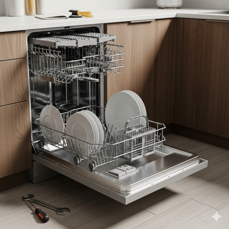 Dishwasher with open door, loaded with plates. Silver interior, wood cabinets, tools on the floor.