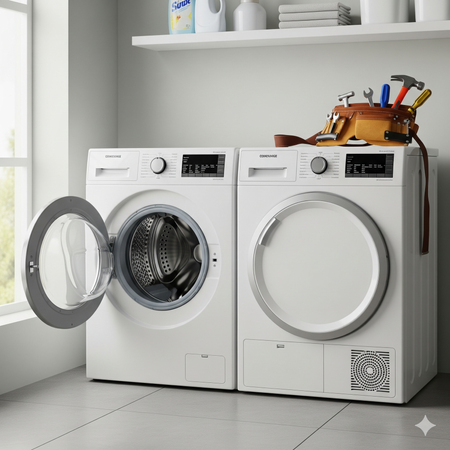 Washer and dryer in a laundry room, with a toolbox on top. The washer's door is open.