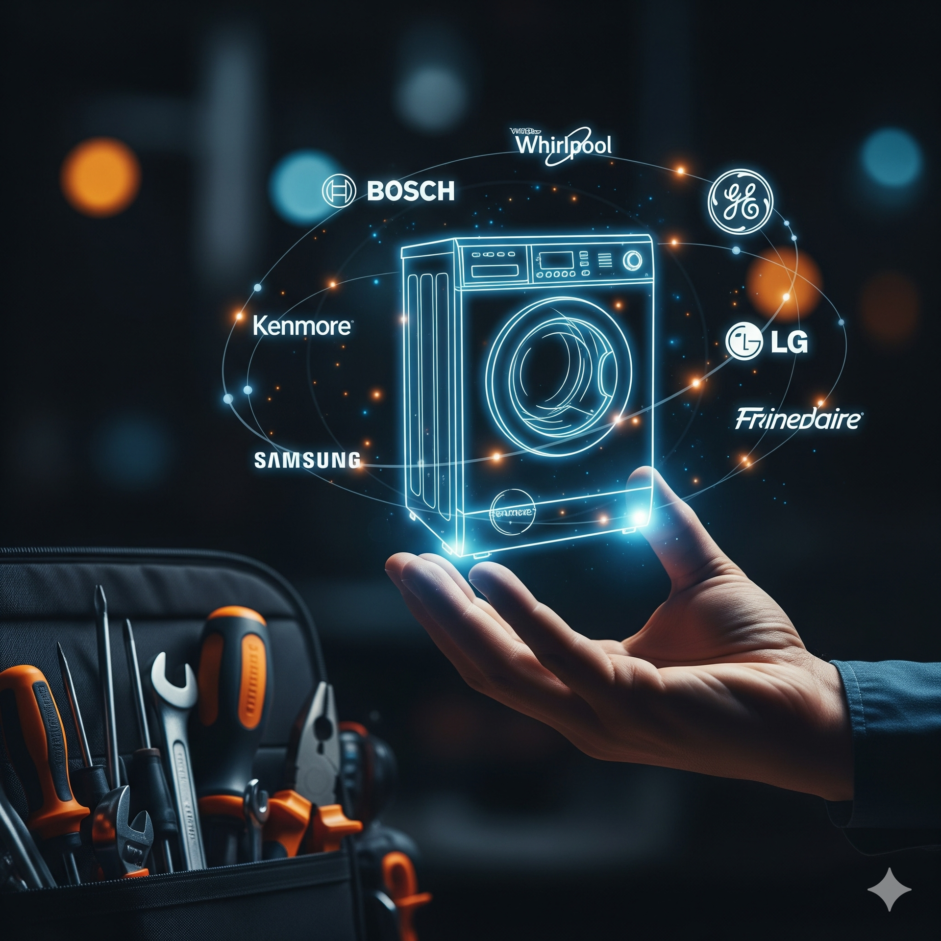 Hand holding a glowing schematic of a washing machine, surrounded by appliance brand logos; toolbox in the foreground.