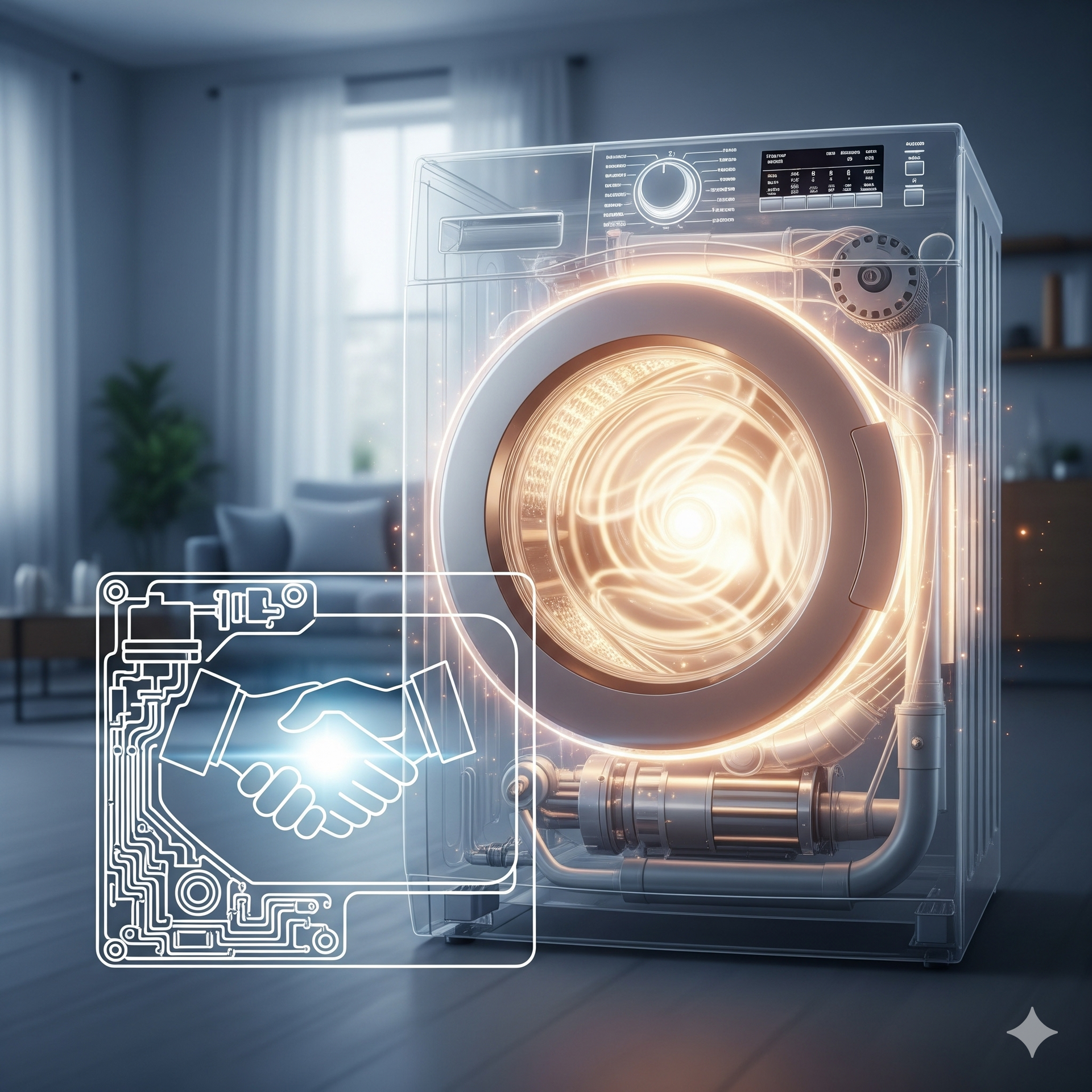 Transparent washing machine with glowing internal circuits. A blueprint-style handshake graphic is overlaid.