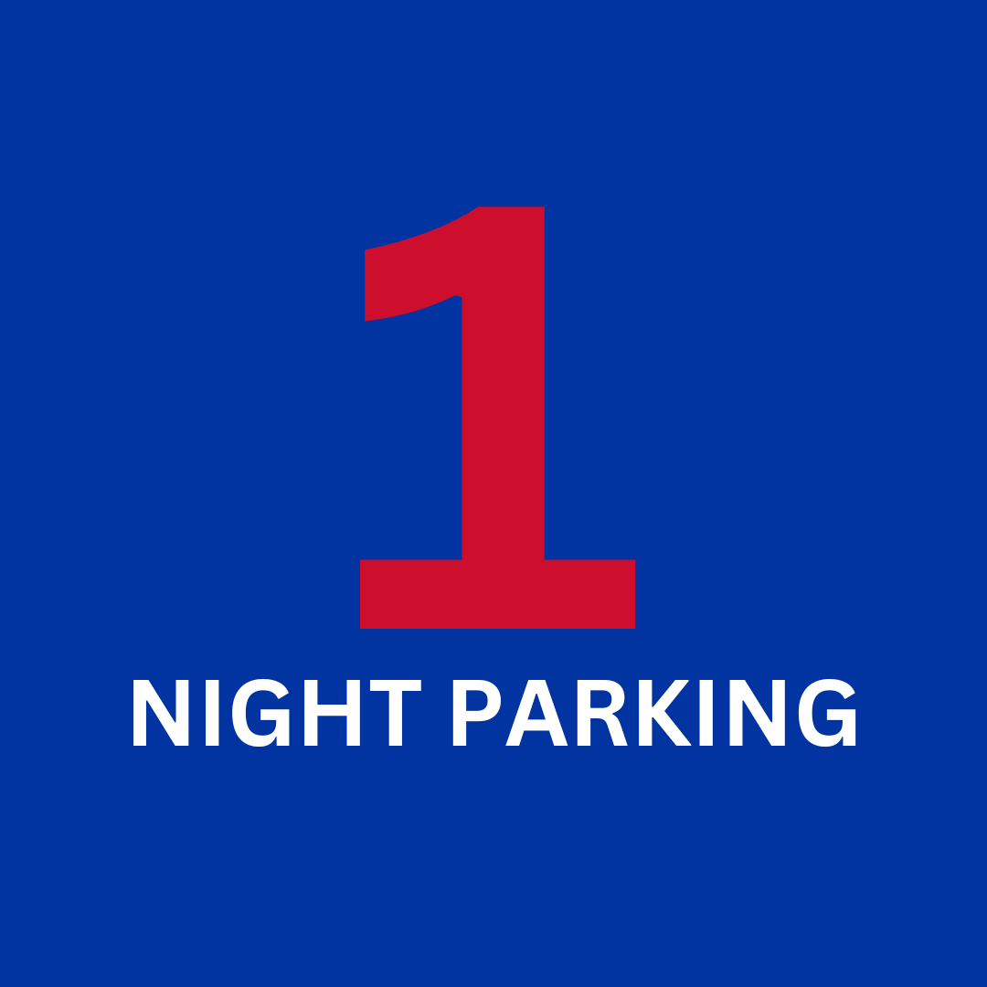 A blue sign that says night parking with a red number 1