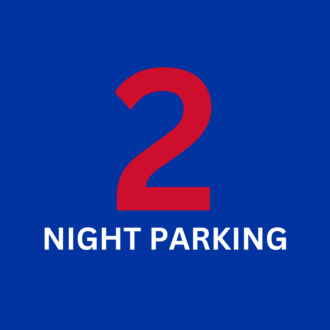 A blue sign that says night parking with a red number 2