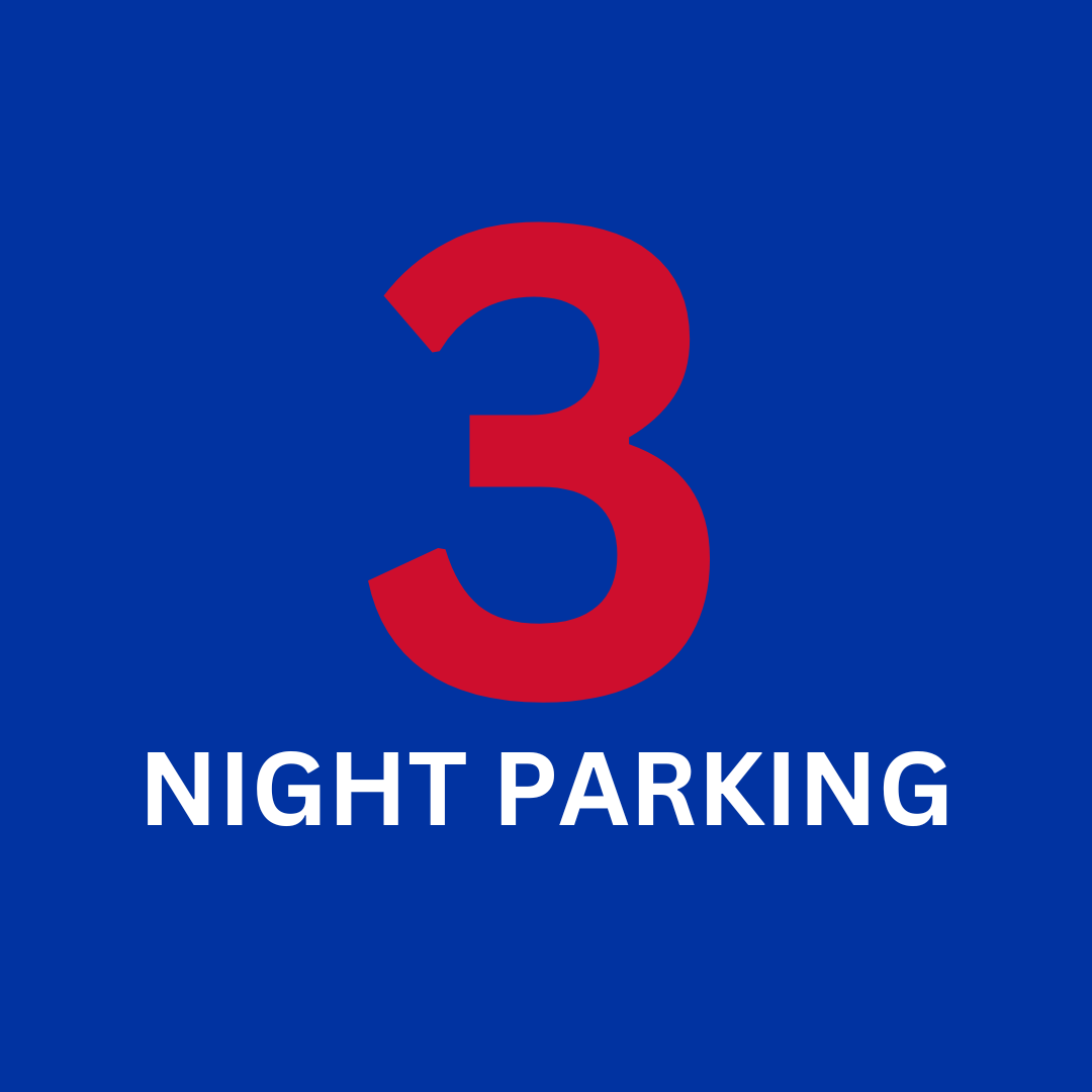 A blue sign that says night parking with a red number 3