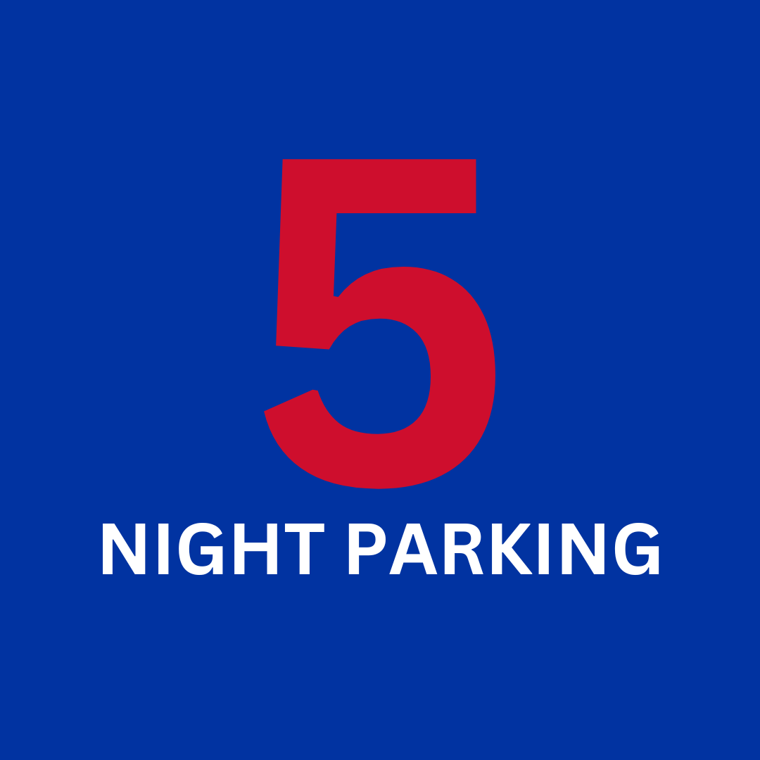 A blue sign that says night parking with a red number 5