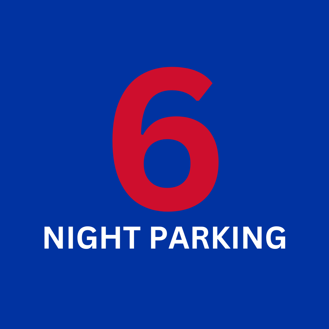 A blue sign that says night parking with a red number 6