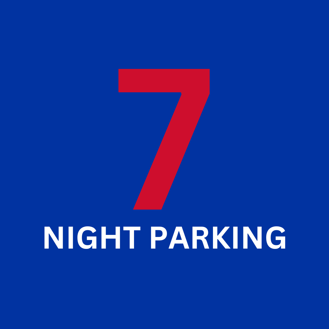 A blue sign that says night parking with a red number 7