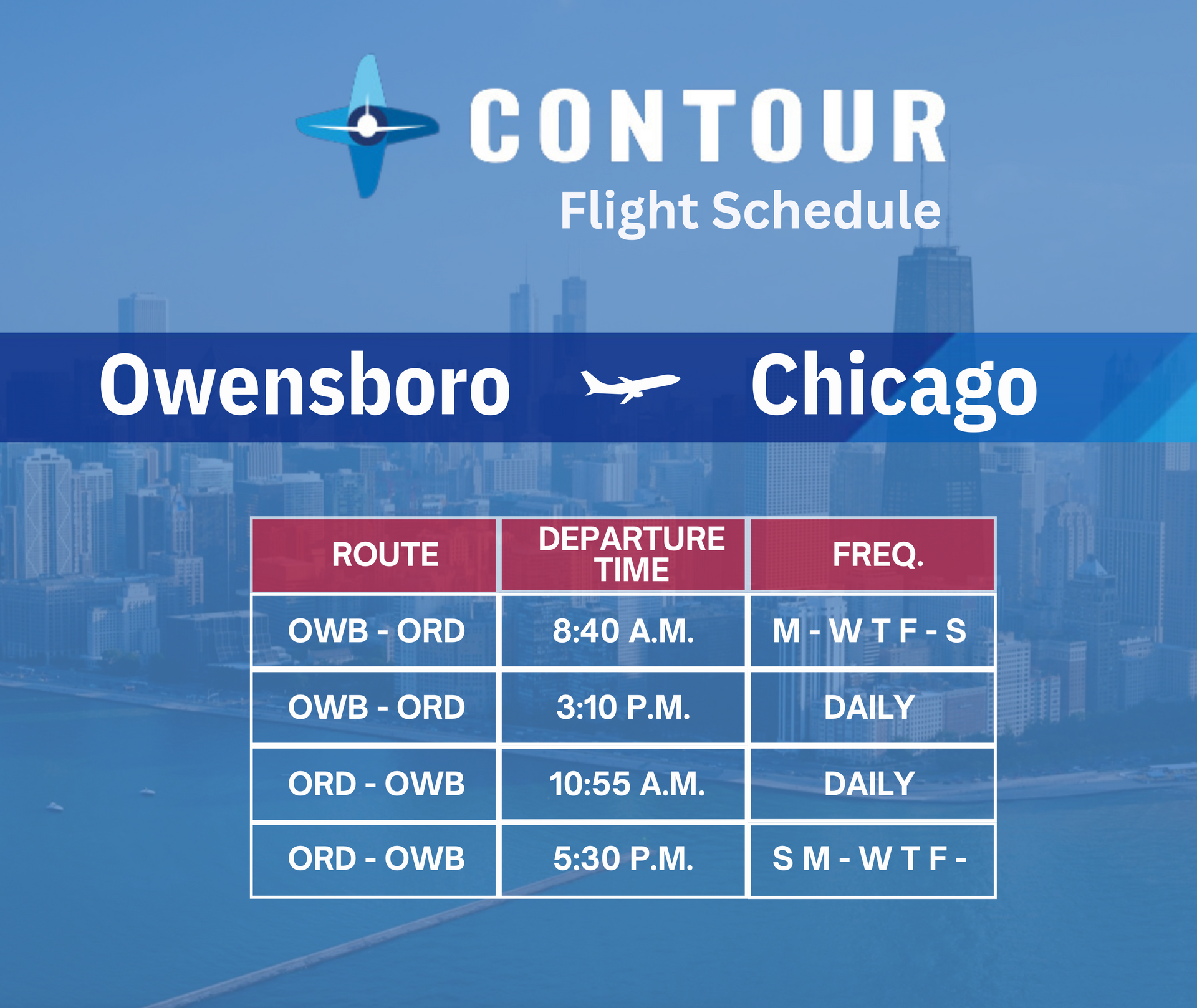 A poster for owensboro to chicago shows departure times