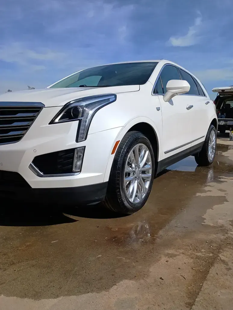 White Cadillac SUV parked on a wet, light-brown surface under a blue sky.