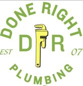 Logo for Done Right Plumbing with a wrench, "DR", and text "Done Right Plumbing EST 07".