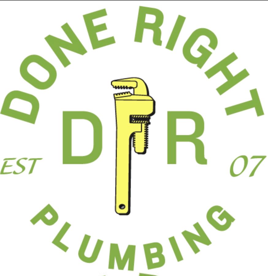 Logo for Done Right Plumbing with a wrench, "DR", and text "Done Right Plumbing EST 07".