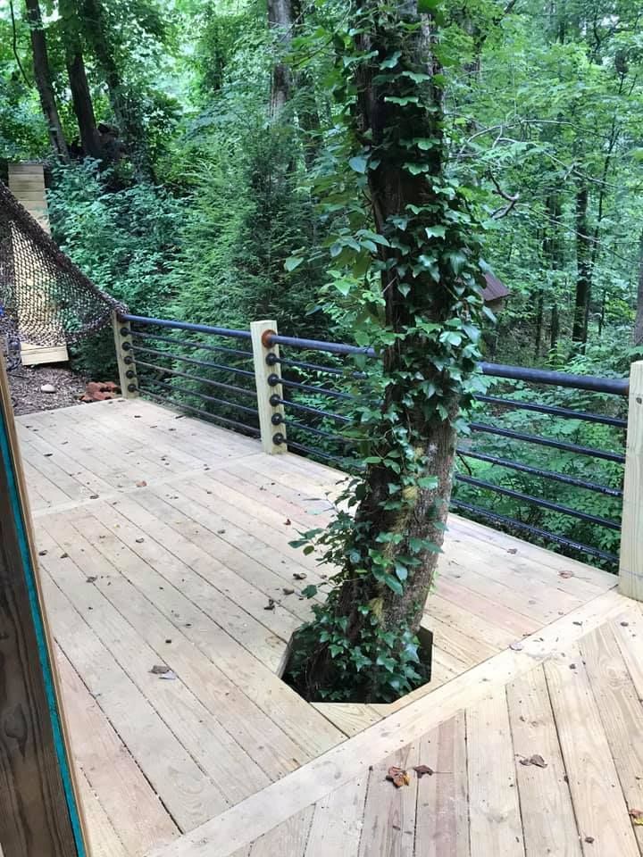 Wooden deck with a tree growing through it, surrounded by a black railing and greenery.