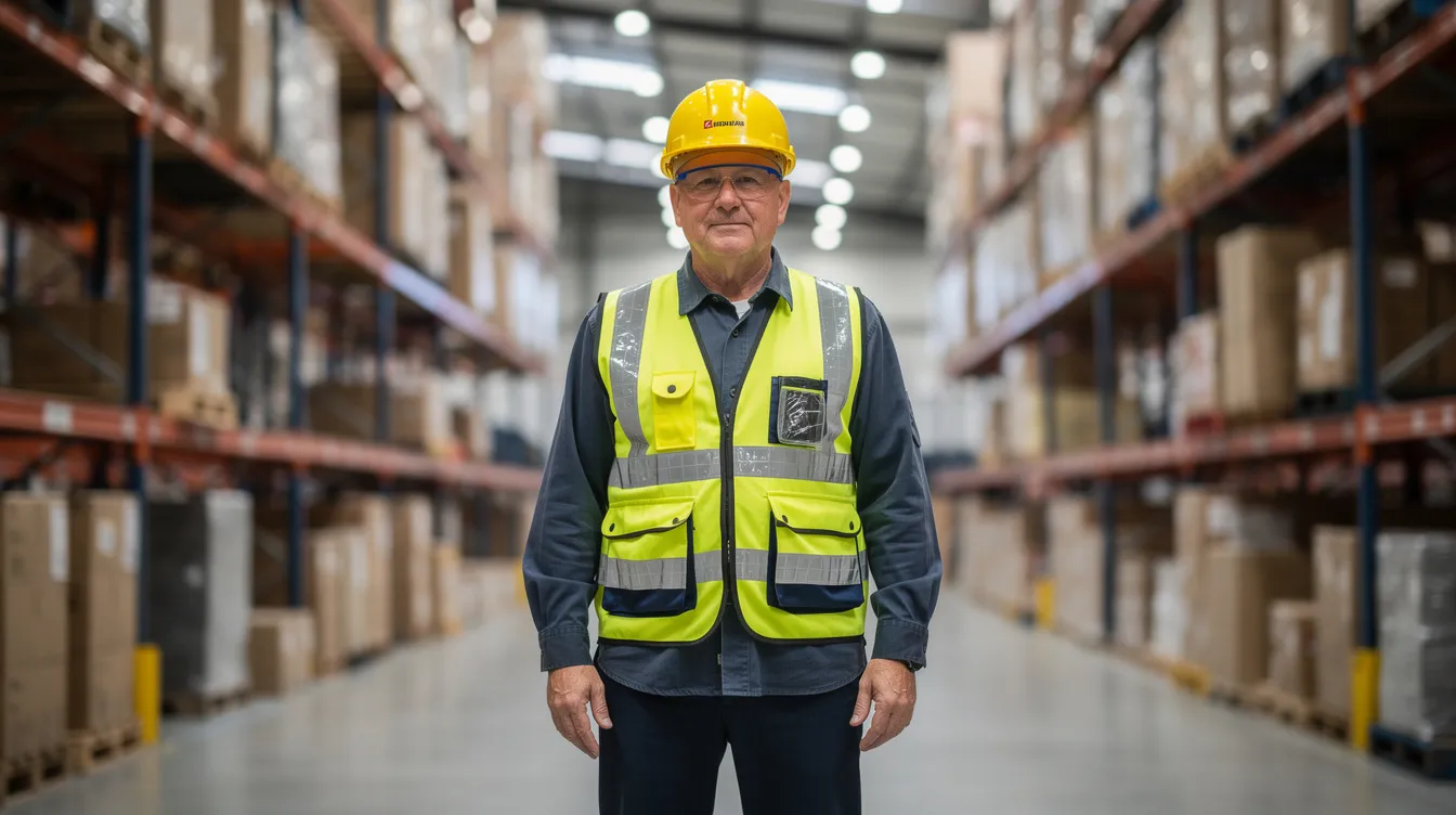 The image shows a mature worker in an industrial warehouse, wearing a bright safety vest and surroun