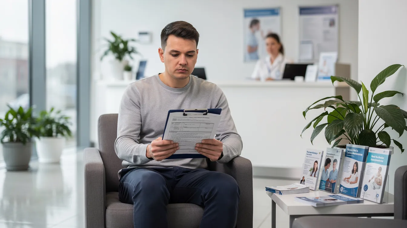 A person is seated in a medical office waiting room, holding paperwork related to their social secur