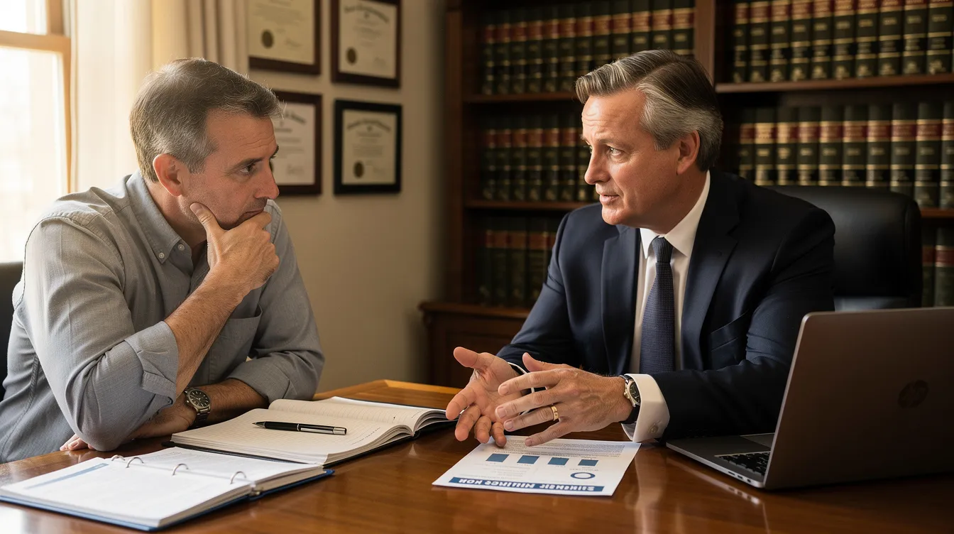 The image shows Attorney Ted Coenen sitting at a desk with his client, discussing the eligibility fo