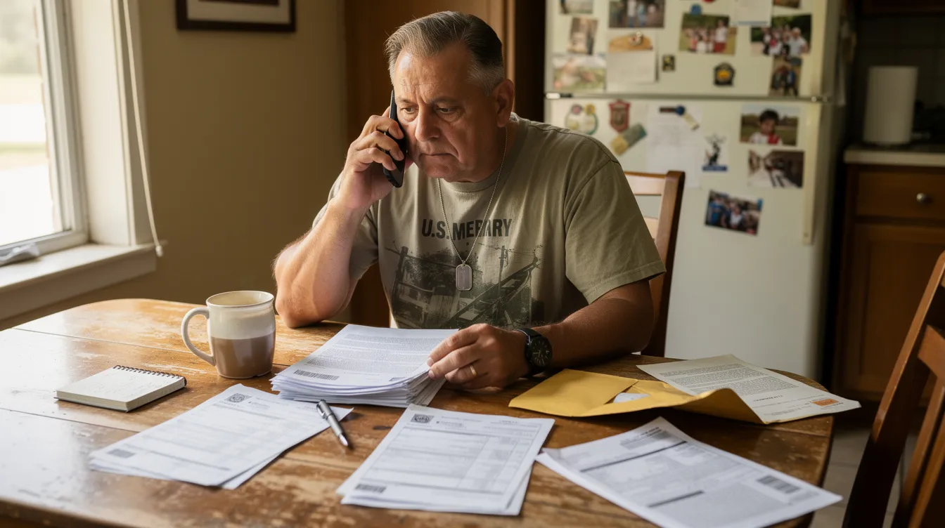 A veteran is seated at a kitchen table, surrounded by paperwork related to their VA disability benef
