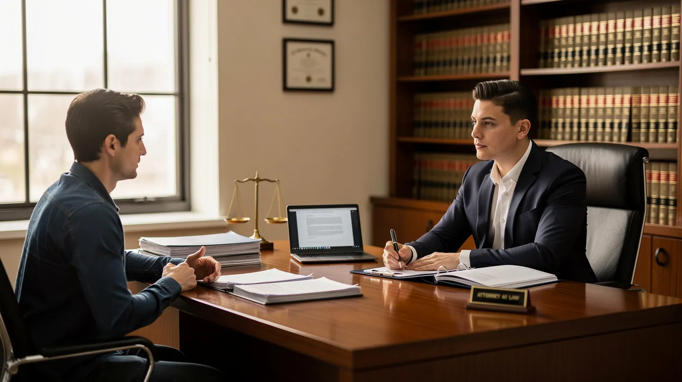 The image depicts an office consultation between an attorney and a client discussing social security