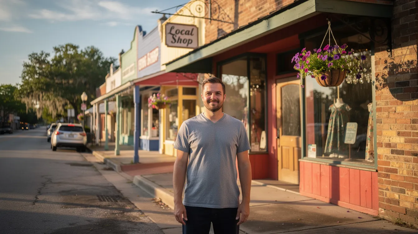 A small business owner stands proudly outside their local shop in a charming Louisiana town, showcas